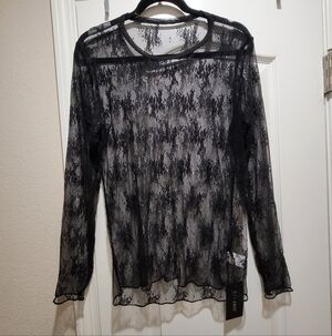 🖤 AKEWEI Sheer Black Stretch Mesh Lace Long Sleeve Layering Top – Size XL NWT